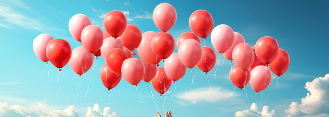 Colorful balloons in the blue sky background. Festive banner with balloons in air. Balloons Around the World Day. happiness concept, positive emotions.