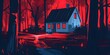 © Adobe Contributor - Red Forest Illustration With A Blue Cabin