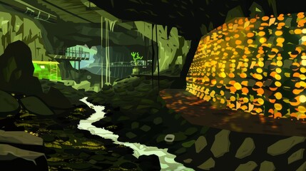 Wall Mural - A Fantasy Cave Landscape with a Glowing Structure and a Stream