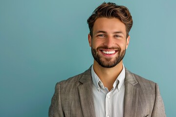 photo of a happy business man, one color background and office space,generative ai