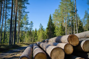 Wall Mural - Stacks of logs in a forest clearing under a clear blue sky with tall pine trees in the background.