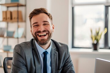 Wall Mural - photo of a happy business man, one color background and office space,generative ai