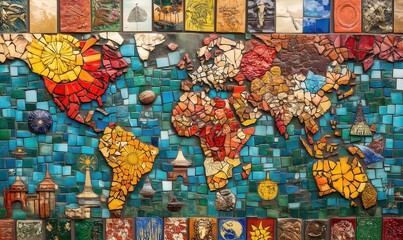 Wall Mural - A mosaic of the world with a sun in the top left corner