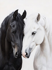 Portrait of a black and a white noble stallion cuddling together, with a white background and expressions full of love