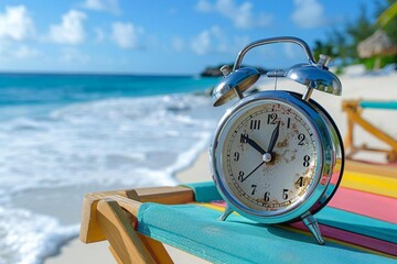 playful photo of an alarm clock sitting on a colorful deck chair on a sunny tropical beach, capturing the essence of a relaxing last summer getaway.