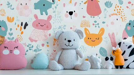 A cute wallpaper design featuring adorable animals, ideal for decorating kids' rooms. 