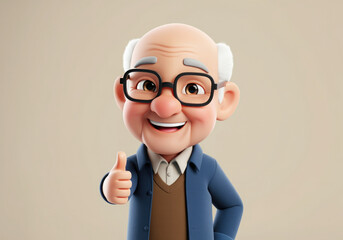 Smiling cartoon character old senior man grandfather person showing thumb up gesture in 3d style design on light background.