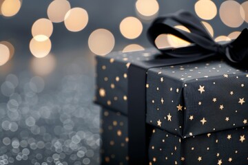 Sticker - Elegant Black Gift Box With Ribbon Against a Bokeh Background