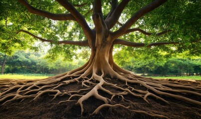 A large tree with a thick trunk and many roots
