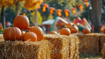 Close-up of orange pumpkins stacked together on haystacks