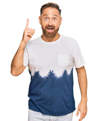 Sticker - Handsome middle age man wearing casual tie dye tshirt pointing finger up with successful idea. exited and happy. number one.