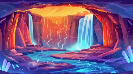 Wall Mural - A Cave Entrance with a Waterfall and Glowing Lava