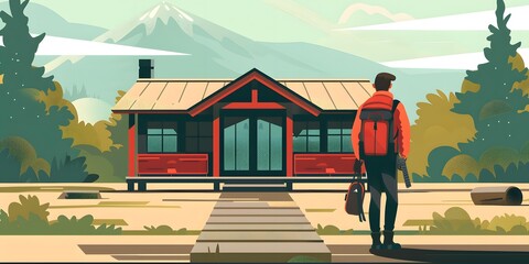 Wall Mural - Man with Backpack Standing in Front of a Cabin in the Mountains