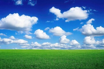 Wall Mural - A vast green field under a bright blue sky with fluffy white clouds.