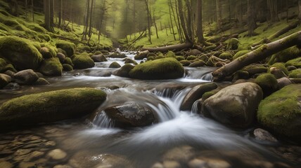 A mountain stream flowing through the forest in spring

