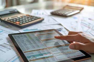 close-up shot of a digital invoice accounting and audit finance software on a tablet screen with a b