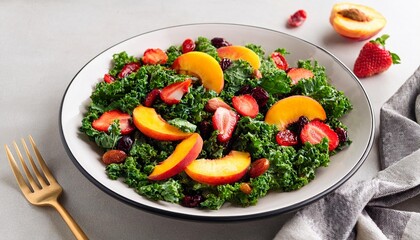 Crisp kale mingles with juicy peaches, plump raisins, and tangy dry cranberries in a refreshing, vibrant salad, drizzled with zesty citrus dressing.