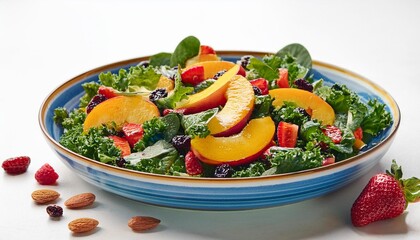 Crisp kale mingles with juicy peaches, plump raisins, and tangy dry cranberries in a refreshing, vibrant salad, drizzled with zesty citrus dressing.