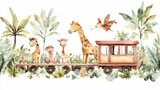 Fototapeta Dziecięca - A watercolor hand-drawn illustration of a train with jungle animals, set against a white isolated background