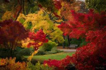 Beautiful autumn landscape with. Colorful foliage in the park. Falling leaves natural background fall orange and yellow leaf tree wallpaper nature decoration, environment colorful season clean concept