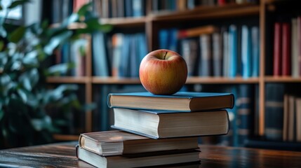 A Red Apple on a Stack of Books in a Library