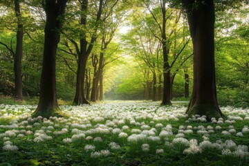 Poster - A tranquil forest scene with sunlight filtering through trees onto a carpet of white flowers, creating a peaceful atmosphere.