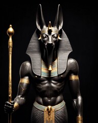 a male actor in a suit of an Egyptian mythology character, the golden deity Jackal Anubis, twists buugeng in yellow light on a black background