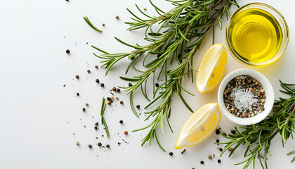 Bunch of green fresh rosemary with pepper, salt, lemon and oil on the light white background. Herbs and spices for recipes. Top view with copy space