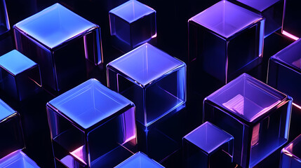 Wall Mural - Abstract geometric background with glowing cubes in blue and purple hues.