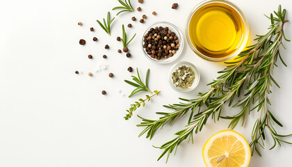 Wall Mural - Bunch of green fresh rosemary with pepper, salt, lemon and oil on the light white background. Herbs and spices for recipes. Top view with copy space