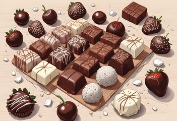 Wall Mural - Assortment of various chocolate candies, truffles, and pastries on a light background, including dark chocolate bars, chocolate-covered strawberries, and other confections