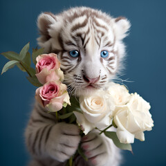 A white little tiger cub with blue eyes holds a bouquet of roses in its paws