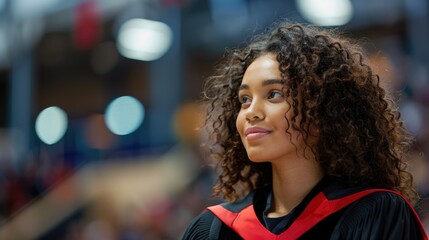 Wall Mural - A young woman graduates from an educational institution, smiling as she looks ahead to the future.