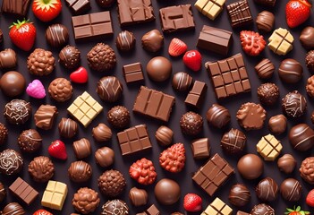 Wall Mural - Assortment of various chocolate candies, truffles, and pastries on a light background, including dark chocolate bars, chocolate-covered strawberries, and other confections