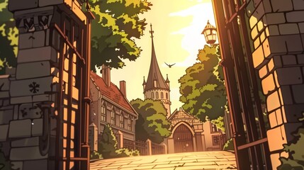 A sunlit cobblestone street leading to a church steeple through a gated archway