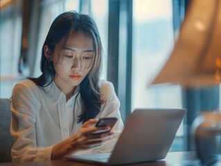 Wall Mural - Asian woman working on laptop in modern office. Focus and productivity emphasized.