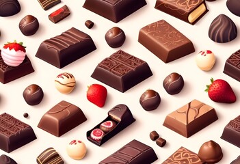 Wall Mural - Assortment of various chocolate candies, truffles, and pastries on a light background, including dark chocolate bars, chocolate-covered strawberries, and other confections