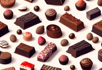 Wall Mural - Assortment of various chocolate candies, truffles, and pastries on a light background, including dark chocolate bars, chocolate-covered strawberries, and other confections