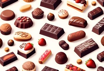 Wall Mural - Assortment of various chocolate candies, truffles, and pastries on a light background, including dark chocolate bars, chocolate-covered strawberries, and other confections