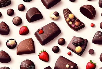 Wall Mural - Assortment of various chocolate candies, truffles, and pastries on a light background, including dark chocolate bars, chocolate-covered strawberries, and other confections