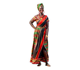 Confident woman wearing colorful traditional clothing posing with hands on hips