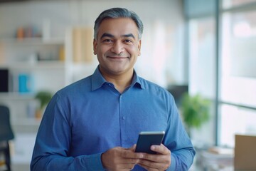 A young man holding a smartphone in an office environment, signifying modern work practices.