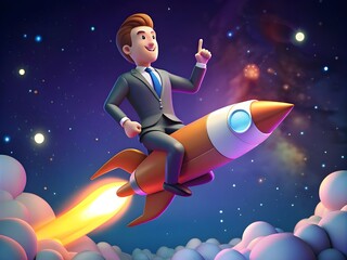 Concept of business startup, launching of a new company. Businessman flying on a rocket up. 3d illustration.