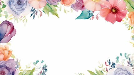 Wall Mural - Watercolor flowers on white background, empty space in the center