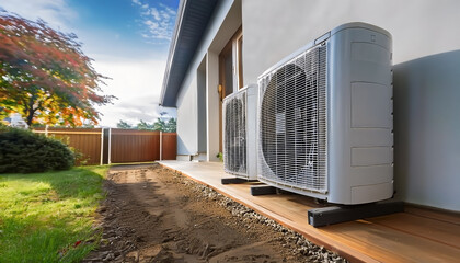 Air source heat pump installed in residential building. Sustainable and clean energy at home