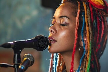 portrait young african american woman singer with bright dreadlocks hairstyle singing into microphone in recording studio