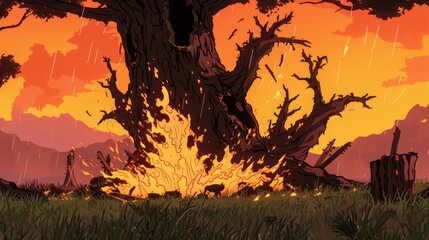 A large tree engulfed in flames against an orange sunset sky