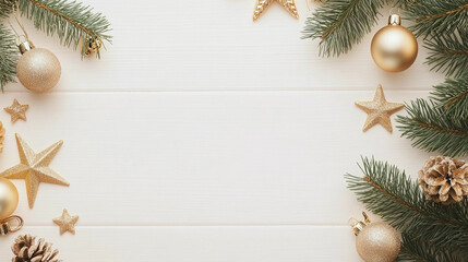 Christmas frame: White background with pine tree branches, gold snowflakes, balls, and garland. Ideal for greeting cards and banner mockups