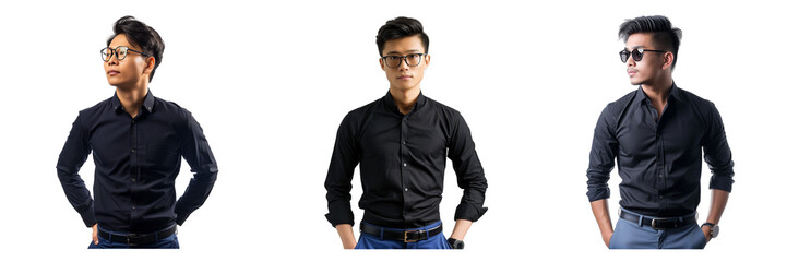 Set of Asian man wear a black shirt and black glass Isolated on a transparent background