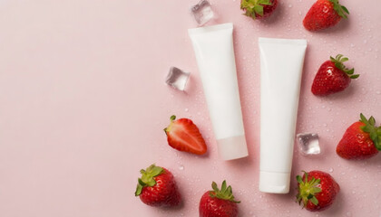 Top view photo of two different sizes white tubes without label strawberries ice cubes and drops on the right on isolated pastel pink background with copyspace on the left
